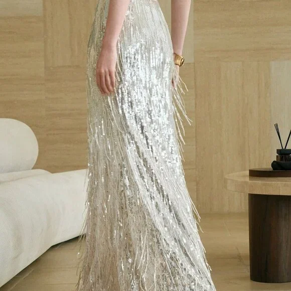 Silver Party Women's Sequin Fringe Mermaid maxi skirt - Picture 2 of 7